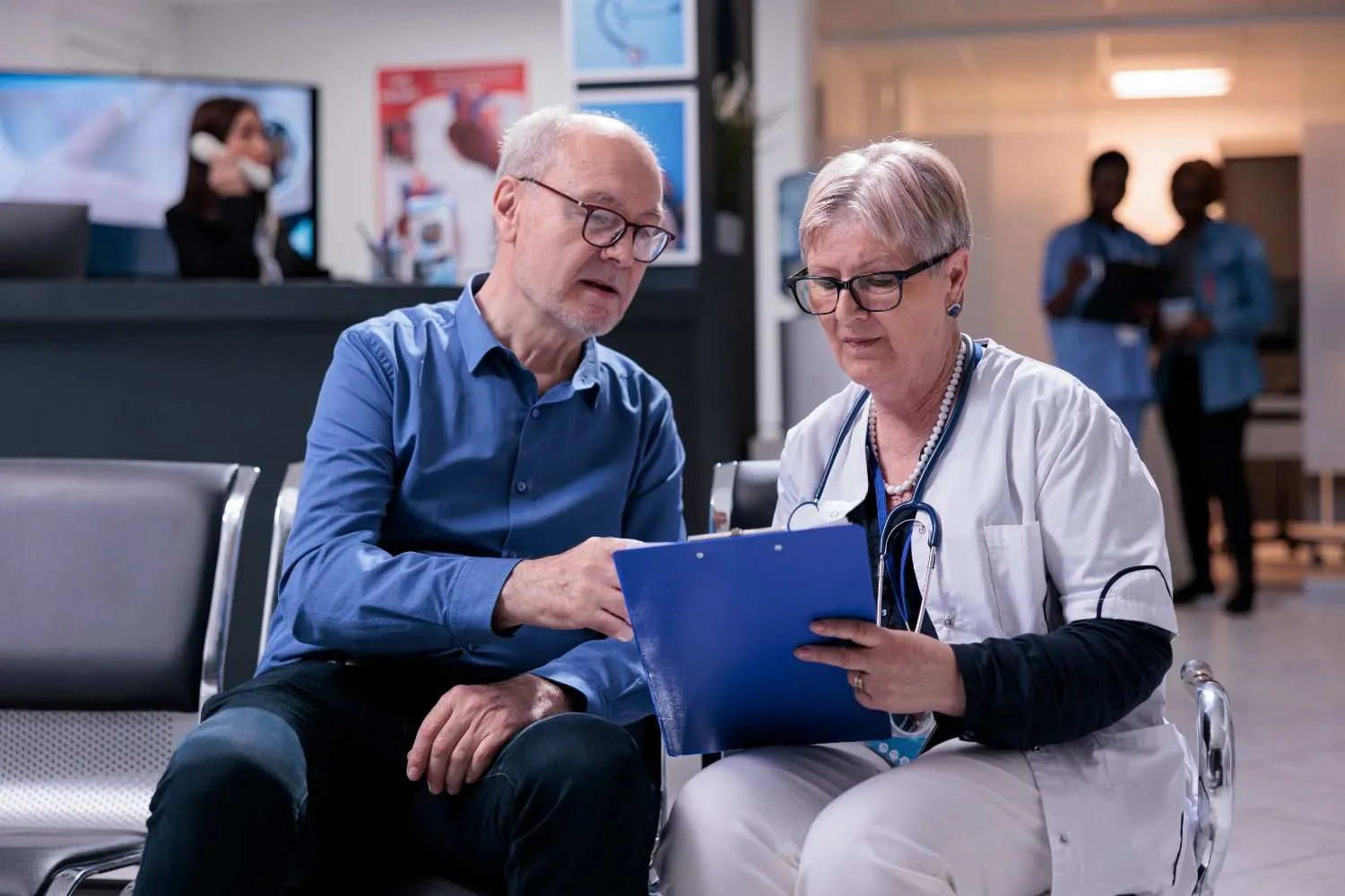 A man reading through his plan paperwork with a clinician